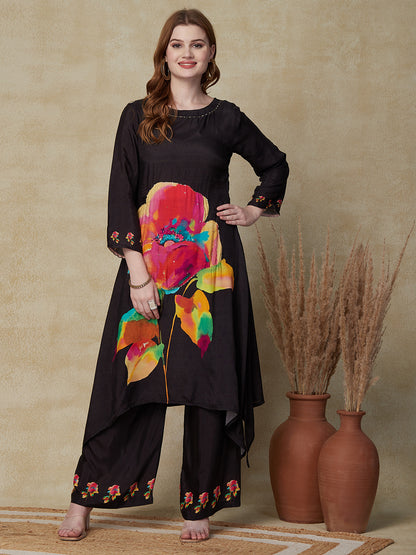 Floral Printed Zari & Sequins Embellished Kurta with Pants - Black