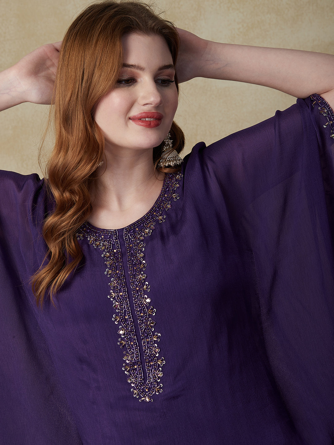 Solid Cutdana, Beads & Sequins Embroidered Kaftan with Pants - Purple