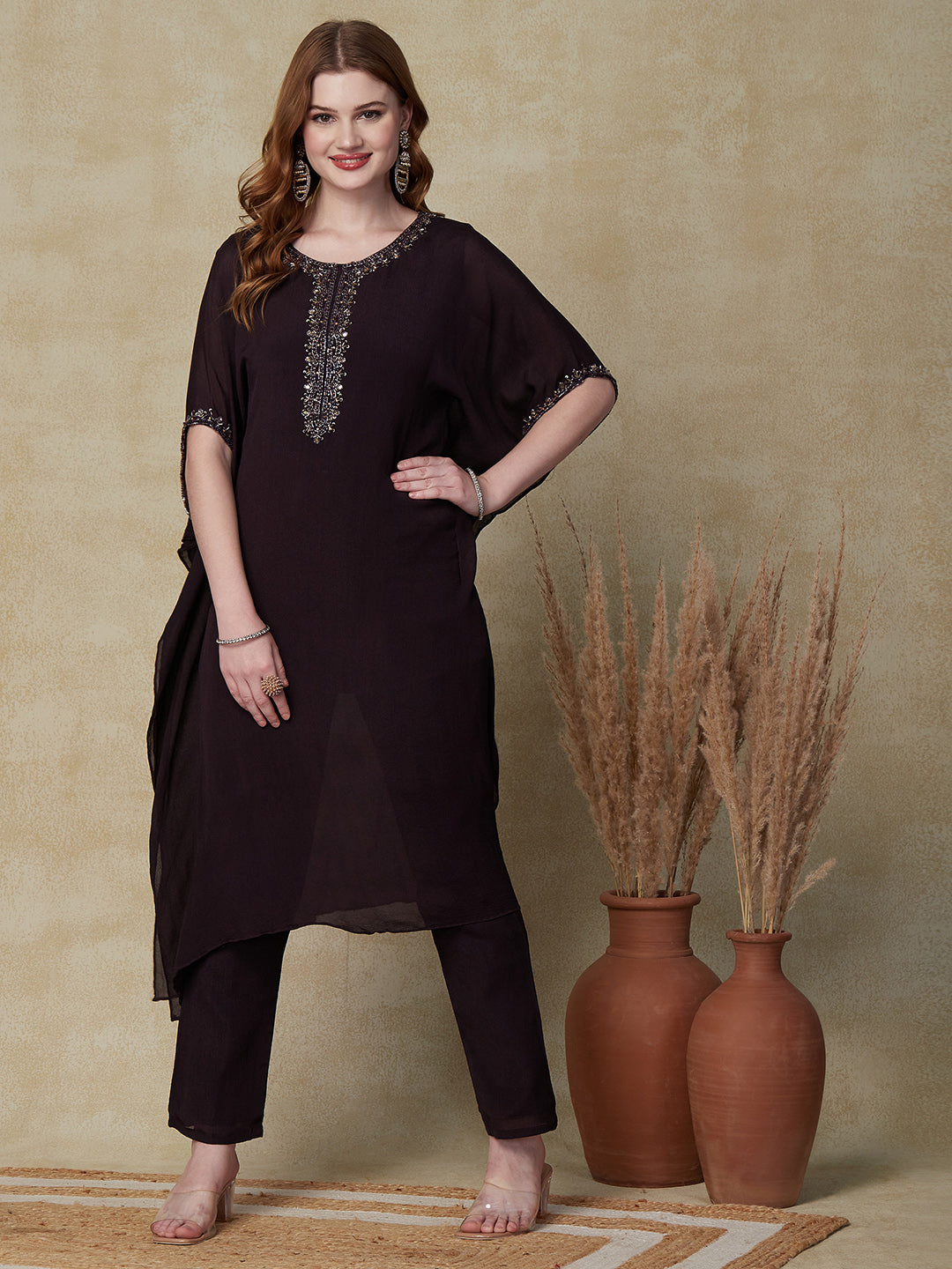Solid Cutdana, Beads & Sequins Embroidered Kaftan with Pants - Coffee Brown