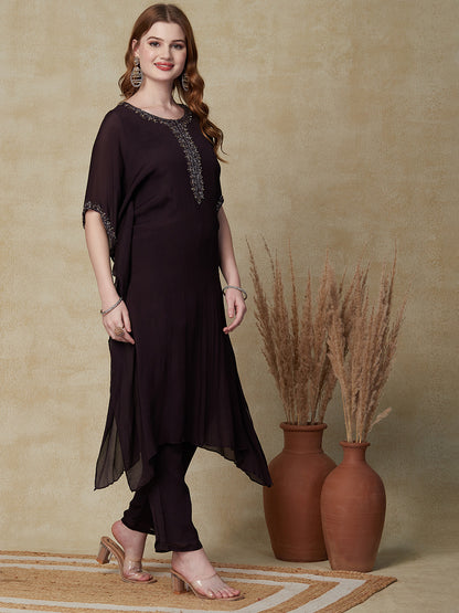 Solid Cutdana, Beads & Sequins Embroidered Kaftan with Pants - Coffee Brown