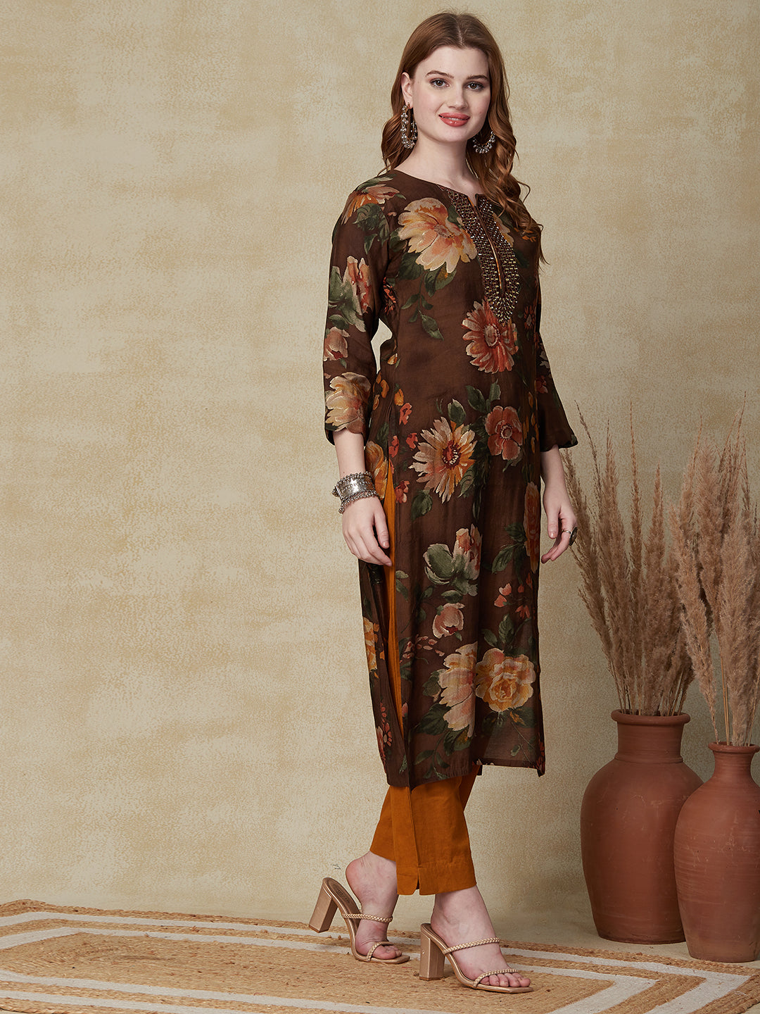 Floral Printed Mirror & Resham Embroidered Kurta - Brown