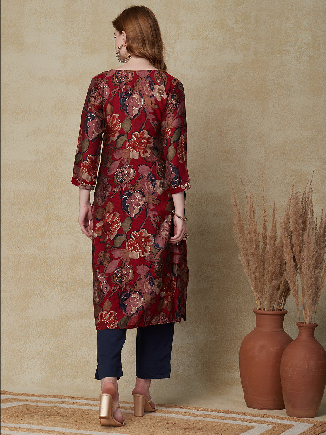 Abstract & Floral Printed Zari Dori & Resham Embroidered Kurta - Red & Multi