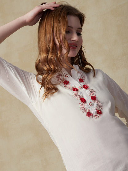 Solid Pearl, Beads & Resham Embroidered Kurta - White