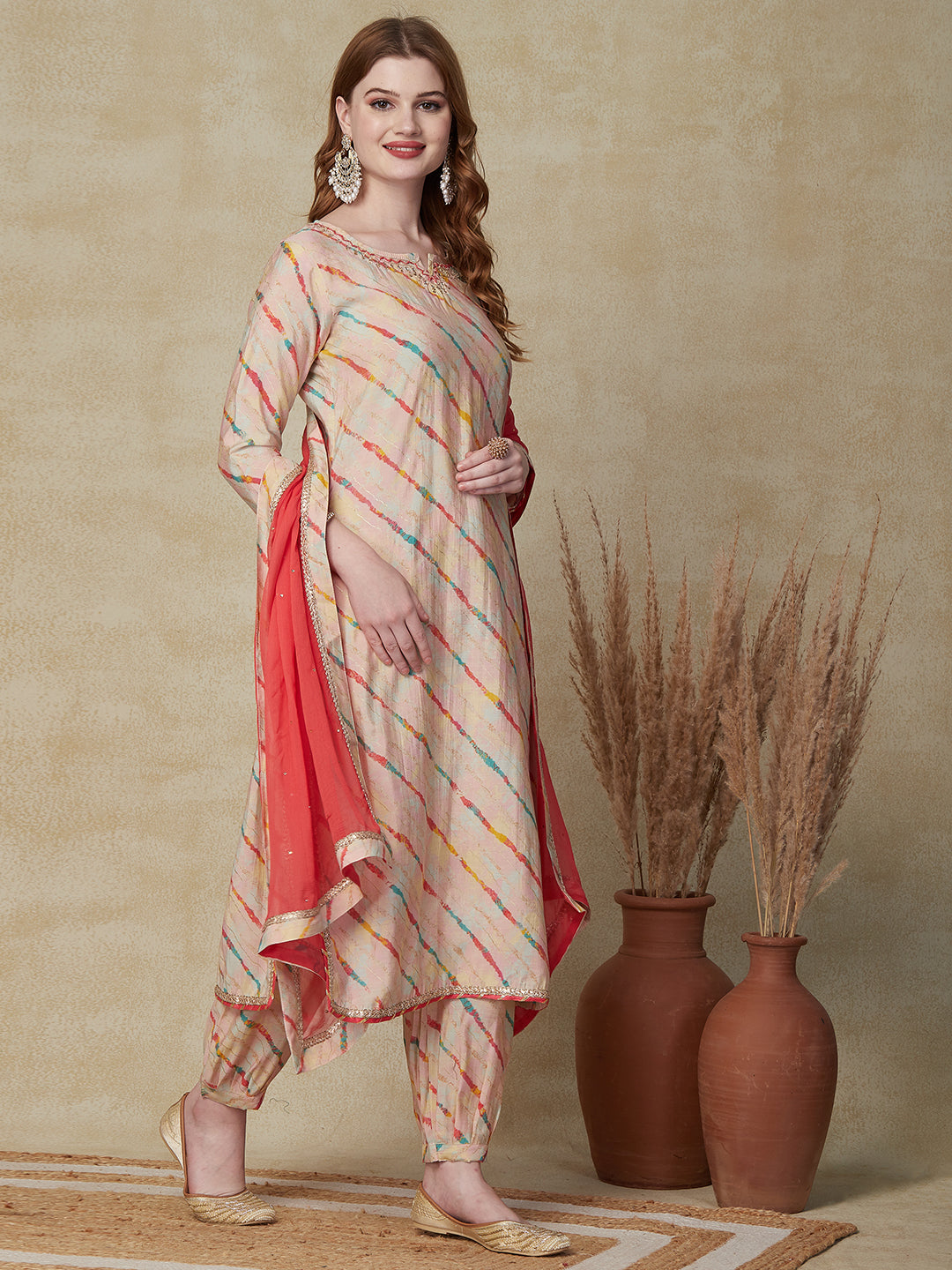 Lehriya Foil Printed Zari & Mirror Embroidered Kurta with Salwar & Dupatta - Multi