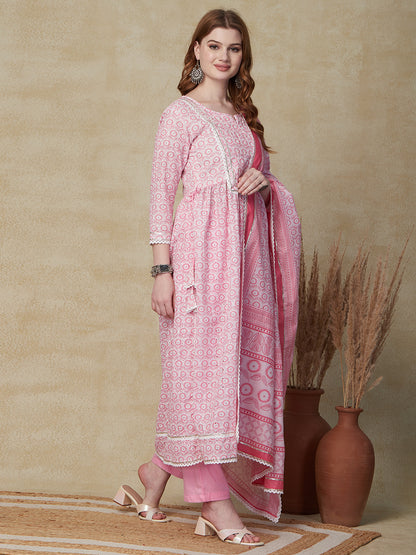 Floral Printed Schiffili & Beads Embroidered Pleated Kurta with Pants & Dupatta - Pink