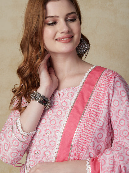 Floral Printed Schiffili & Beads Embroidered Pleated Kurta with Pants & Dupatta - Pink