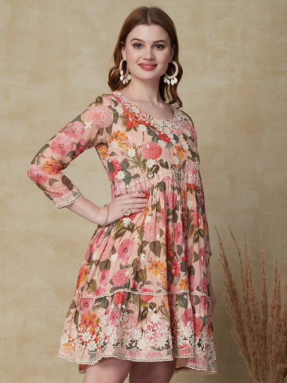 Floral Printed Resham Embroidered Mul-Cotton Tiered Dress - Peach
