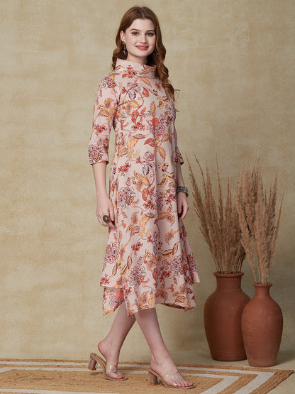 Floral Printed A-line Asymmetric Hem Midi Dress - Light Peach