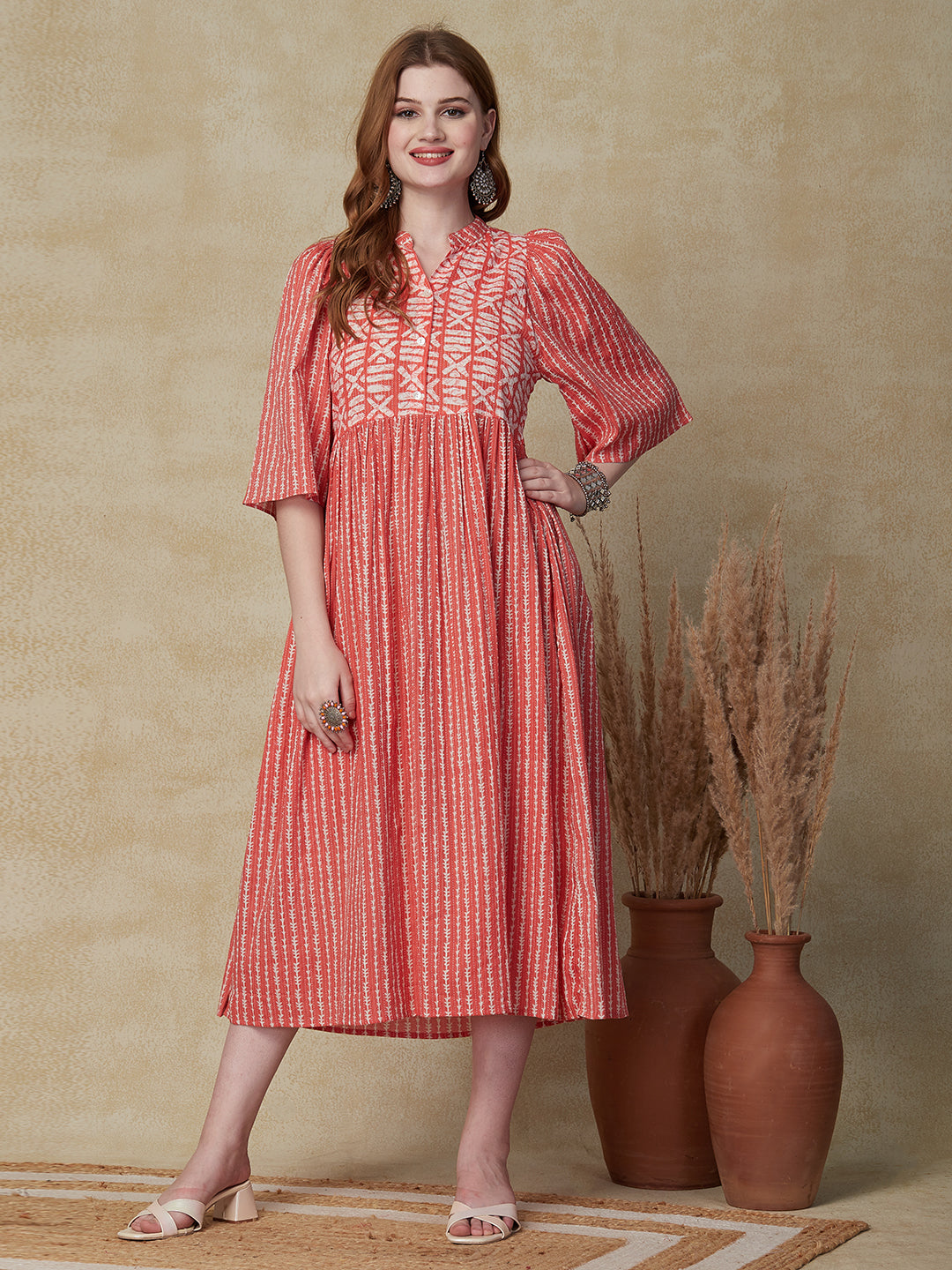 Ethnic Stripes Printed A-Line Pleated Midi Dress - Peach