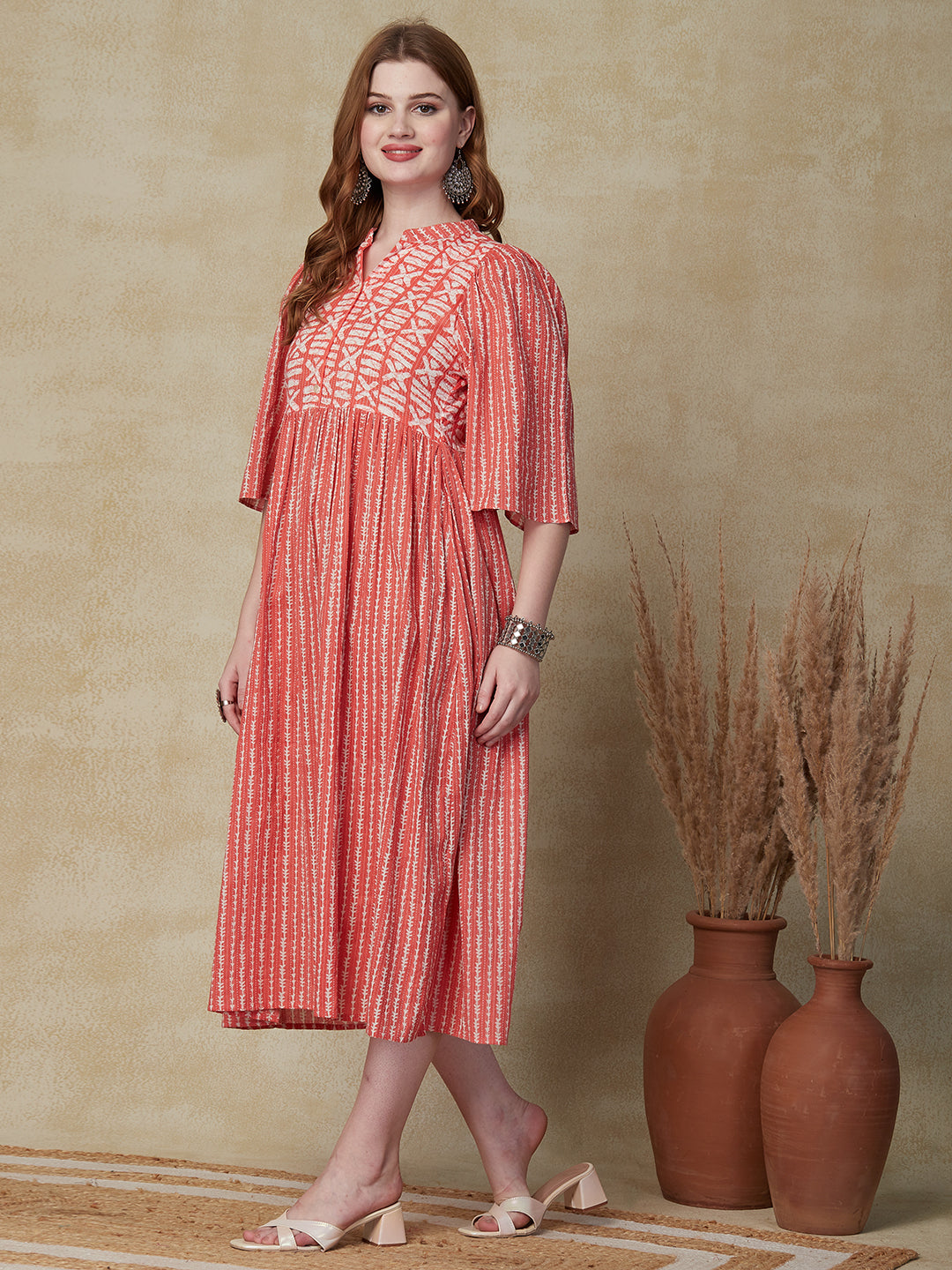 Ethnic Stripes Printed A-Line Pleated Midi Dress - Peach