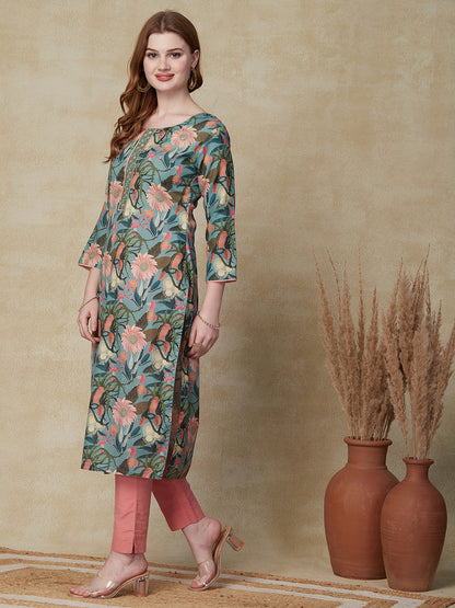 Floral Printed Mirror, Sequins & Resham Embroidered Linen-Blend Kurta - Green