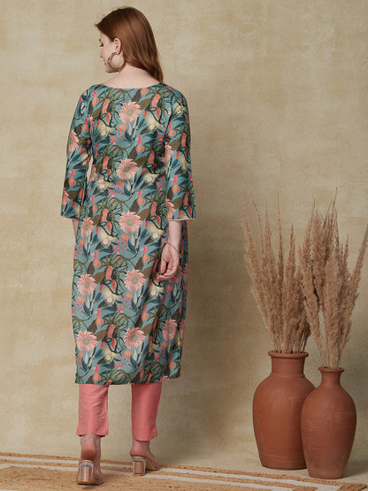 Floral Printed Mirror, Sequins & Resham Embroidered Linen-Blend Kurta - Green