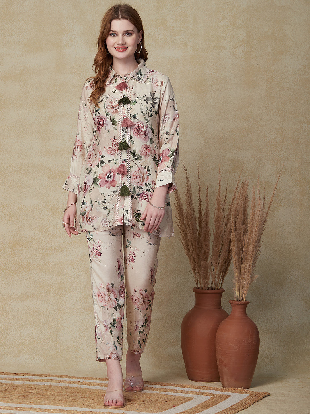 Floral & Ethnic Printed Mother-of-Pearl Buttoned Shirt with Pants