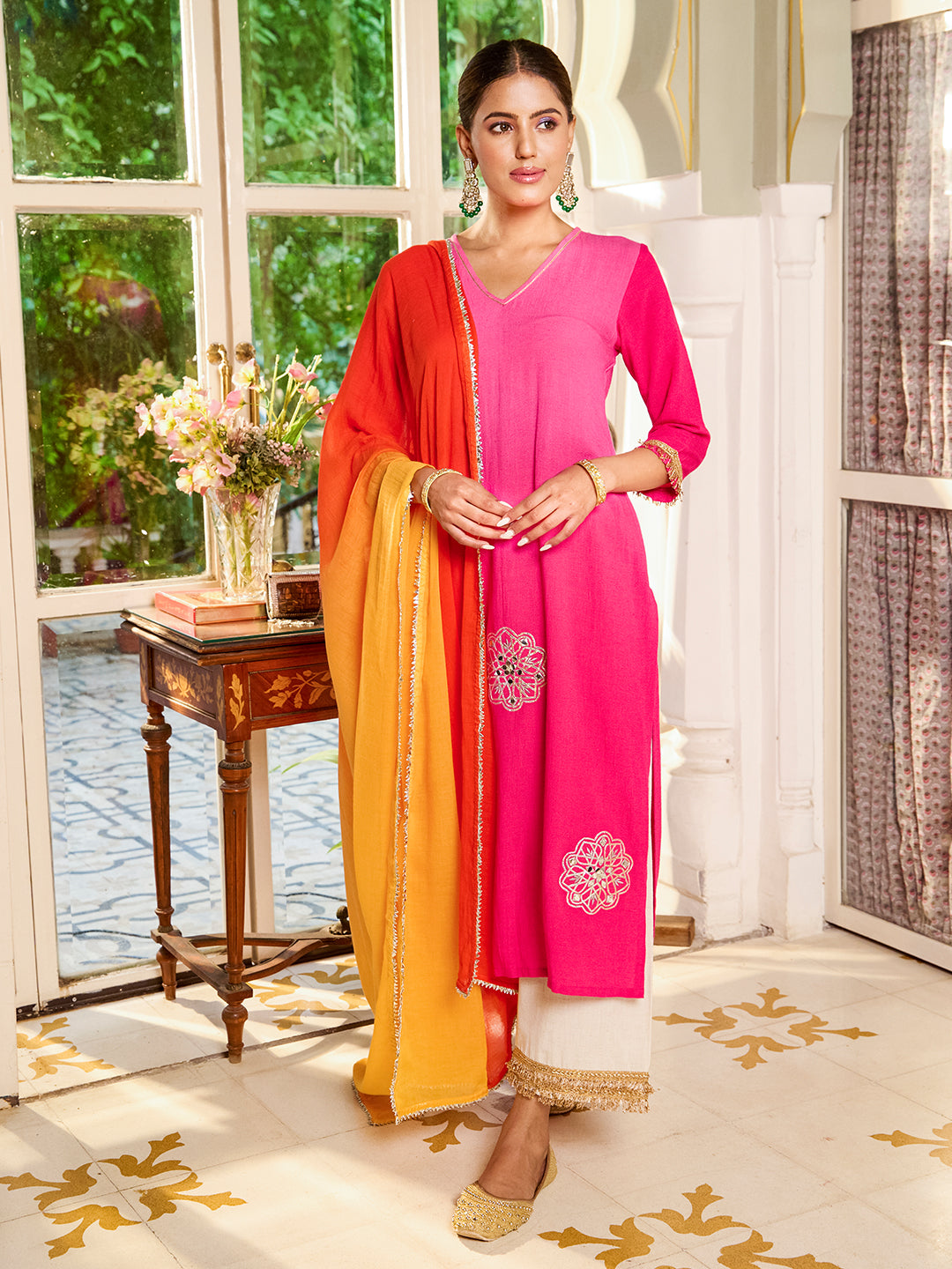 Ombre Dyed & Gota Embroidered Straight Kurta with Pant - Pink