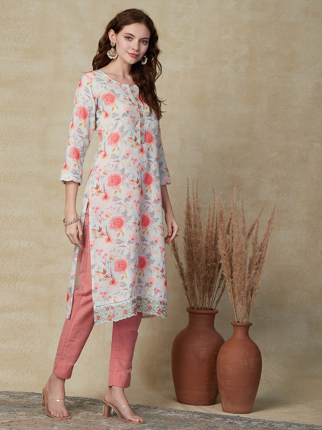Floral Printed Resham & Zari Embroidered Linen Blend Kurta - Sea Green