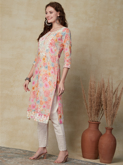 Floral Printed Resham Embroidered Mul-Cotton Kurta - Multi