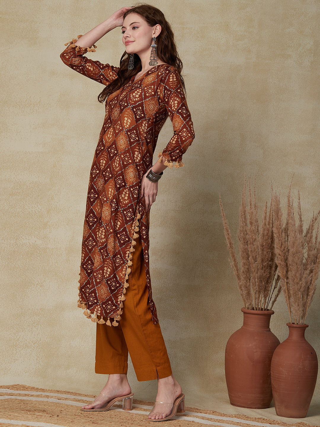Abstract & Floral Printed Fringed Tassels Lace Embellished Kurta - Brown