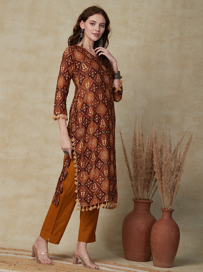 Abstract & Floral Printed Fringed Tassels Lace Embellished Kurta - Brown