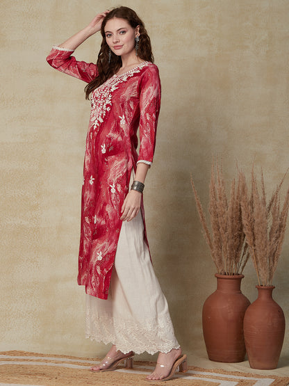 Abstract Foil Printed Resham Embroidered Kurta - Red