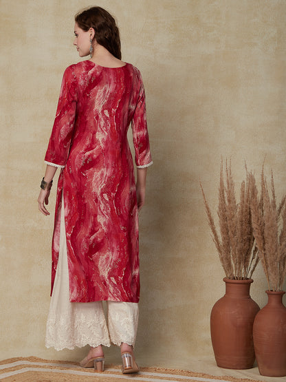 Abstract Foil Printed Resham Embroidered Kurta - Red