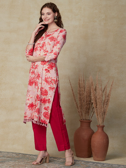 Floral Printed Mother-of-Pearl Buttoned & Fringed Tassel Lace Work Kurta - Pink