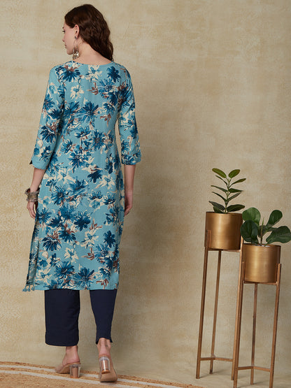 Floral Printed Mother-of-Pearl Buttoned & Fringed Tassel Lace Work Kurta - Blue