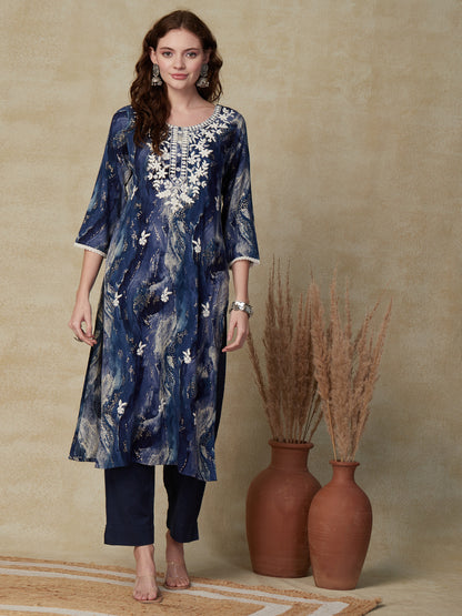 Abstract Foil Printed Resham Embroidered Kurta - Blue