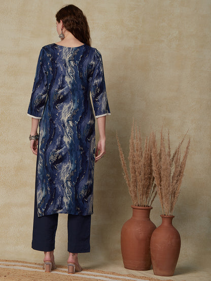 Abstract Foil Printed Resham Embroidered Kurta - Blue