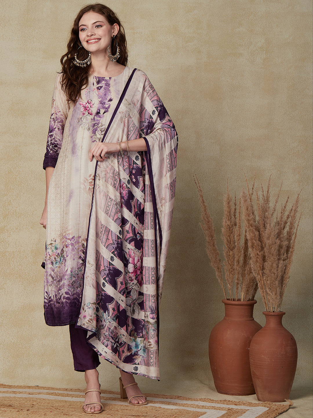 Floral Printed Resham & Resham Embroidered Kurta with Pants & Dupatta - Cream & Purple