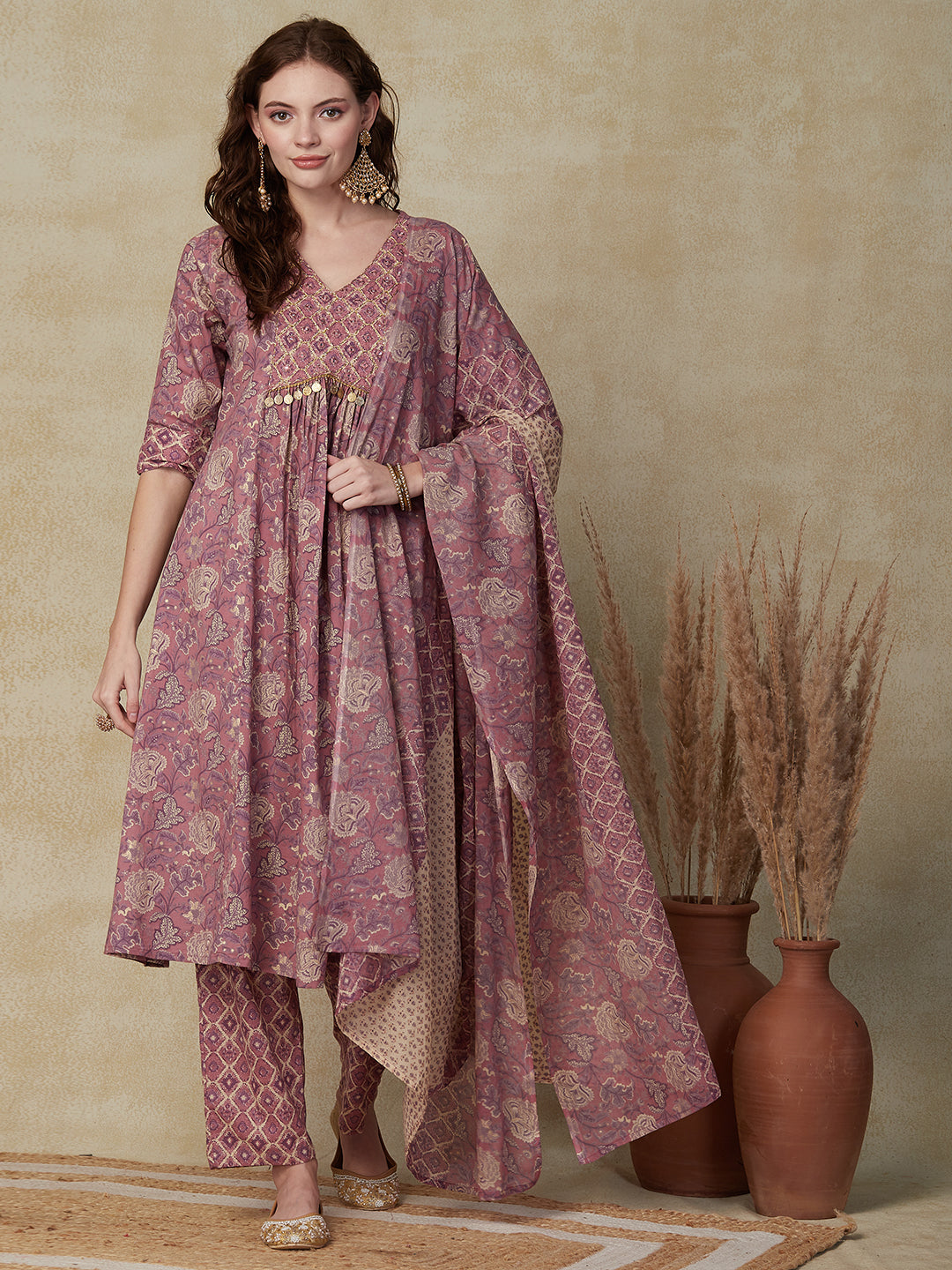 Floral Printed Mirror Embroidered Coin-Tikki Lace Work Kurta with Pants & Dupatta - Rose & Purple