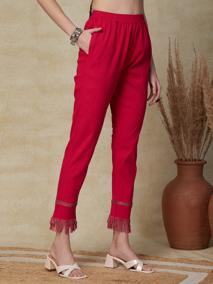Solid Crochet Lace Detailed Straight Fit Ankle Pant - Fuchsia