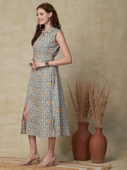Ethnic Printed A-Line Paneled Midi Dress with Attached Belt - Blue