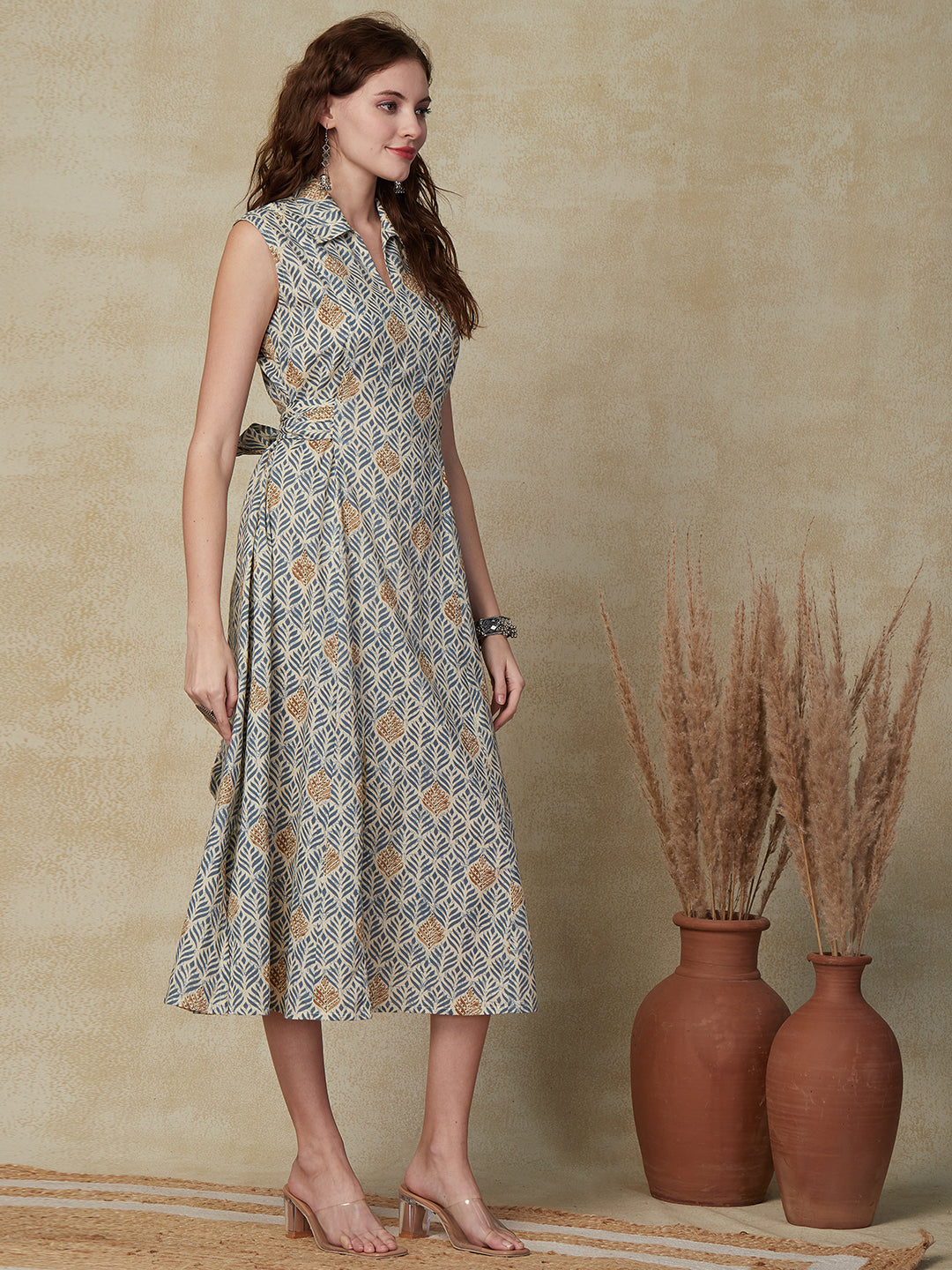 Ethnic Printed A-Line Paneled Midi Dress with Attached Belt - Blue