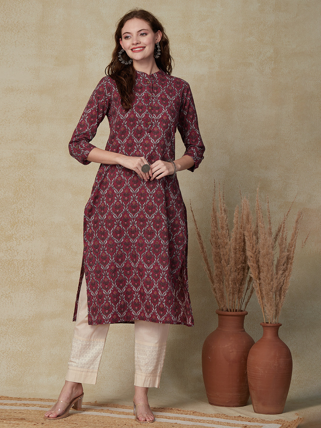 Floral Printed Woven Striped Wooden Buttoned Kurta - Burgundy