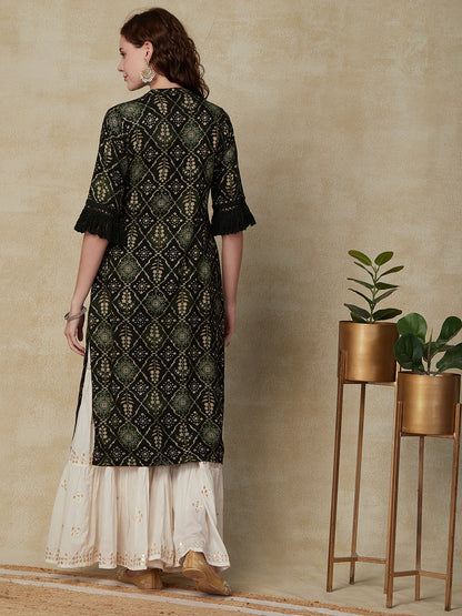 Floral & Barfi Foil Printed Fringed Lace Detailing Kurta - Green