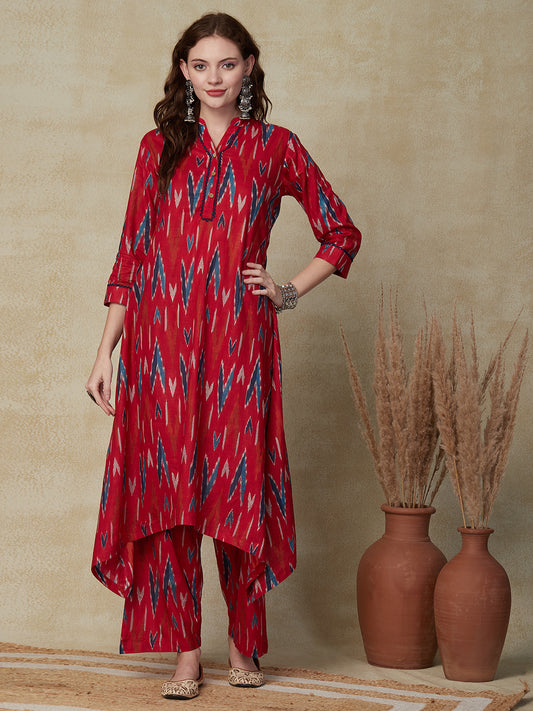 Ethnic Ikat Printed A-Line High-Low Kurta with Palazzo - Red