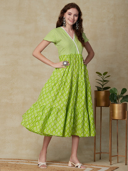 Ethnic Floral & Stripes Printed A-Line Fit & Flare Midi Dress - Light Green
