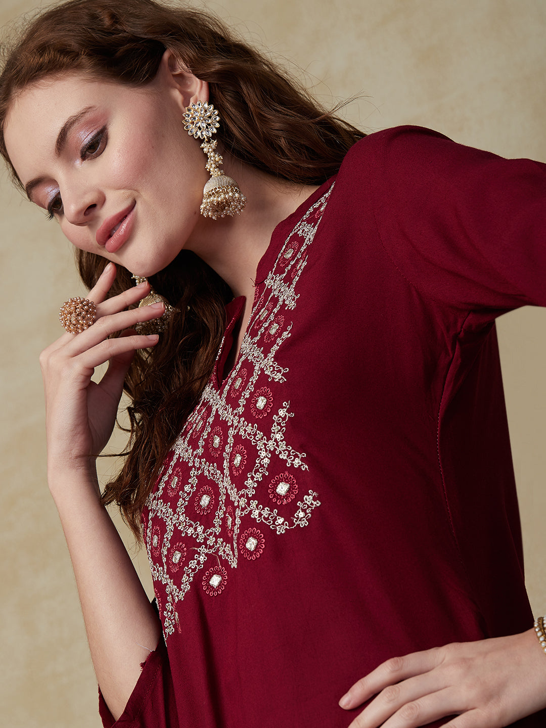 Solid Mirror, Resham, Zari & Sequins Embroidered Kurta - Maroon