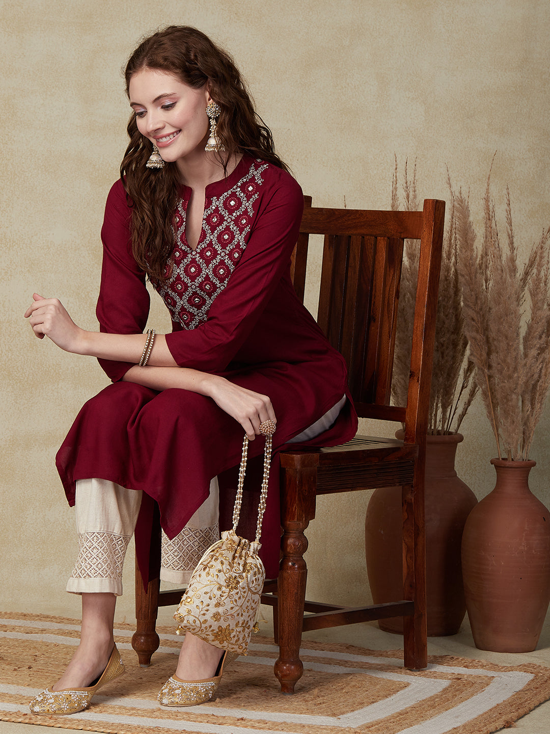 Solid Mirror, Resham, Zari & Sequins Embroidered Kurta - Maroon