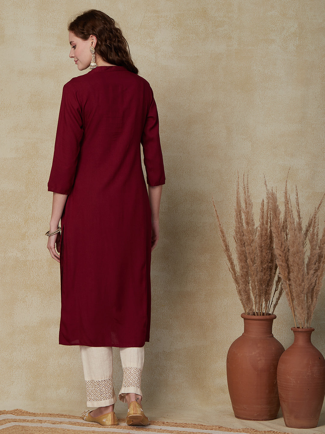 Solid Mirror, Resham, Zari & Sequins Embroidered Kurta - Maroon