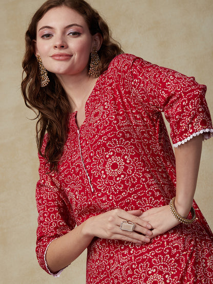Ethnic Foil Printed Lace Embellished Kurta - Red