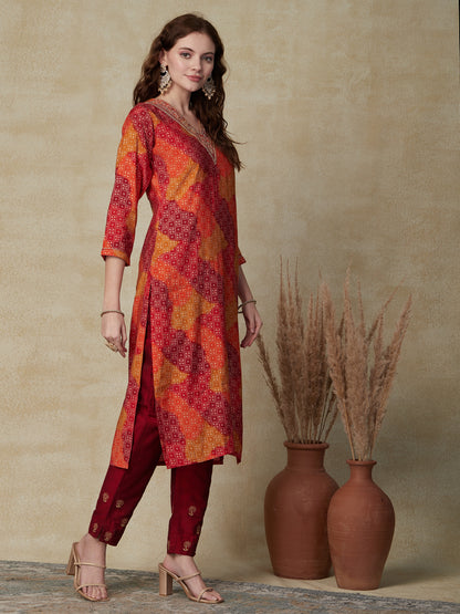 Ethnic Printed Zari Dori & Sequins Embroidered Kurta - Red & Multi
