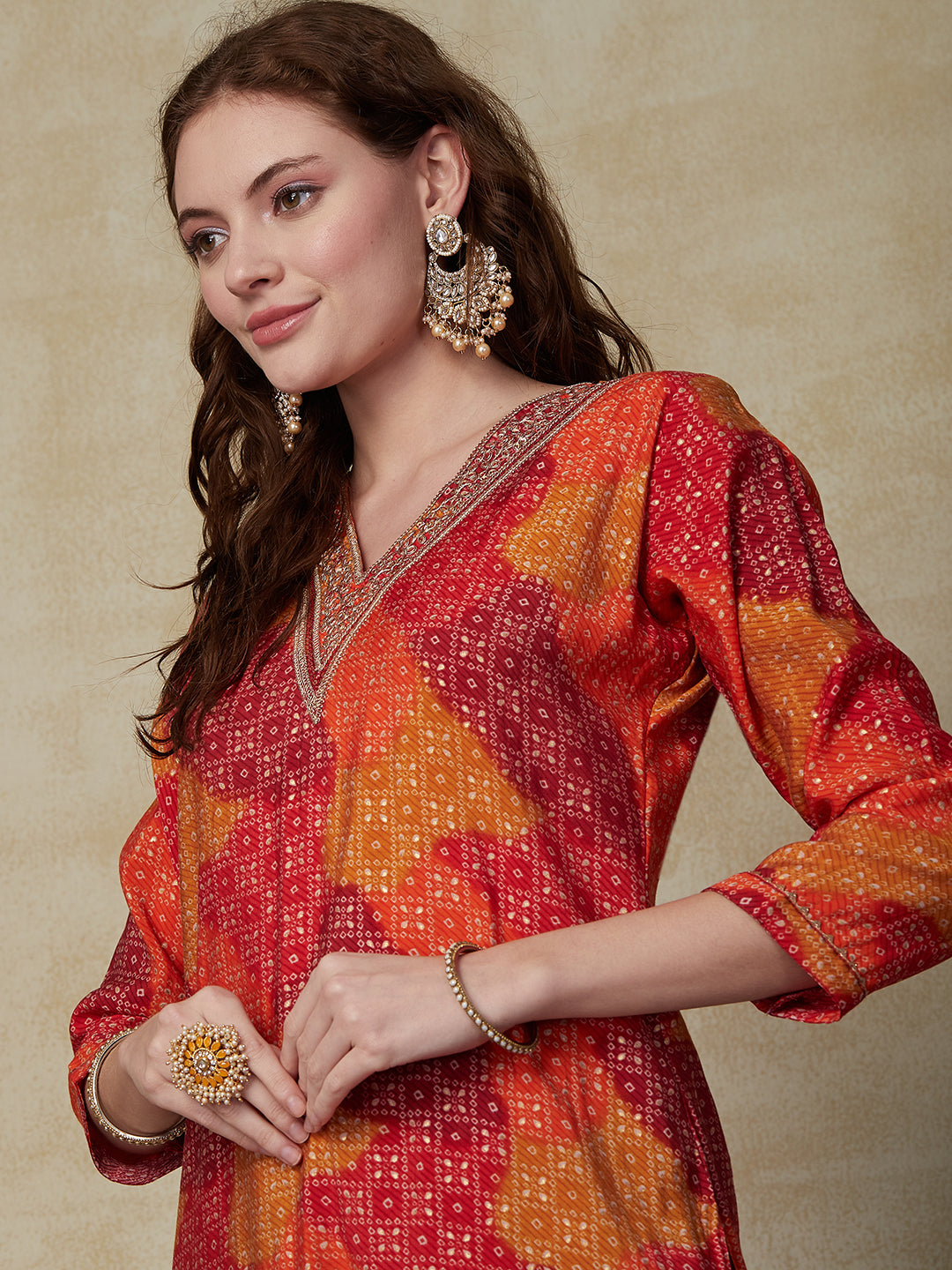 Ethnic Printed Zari Dori & Sequins Embroidered Kurta - Red & Multi