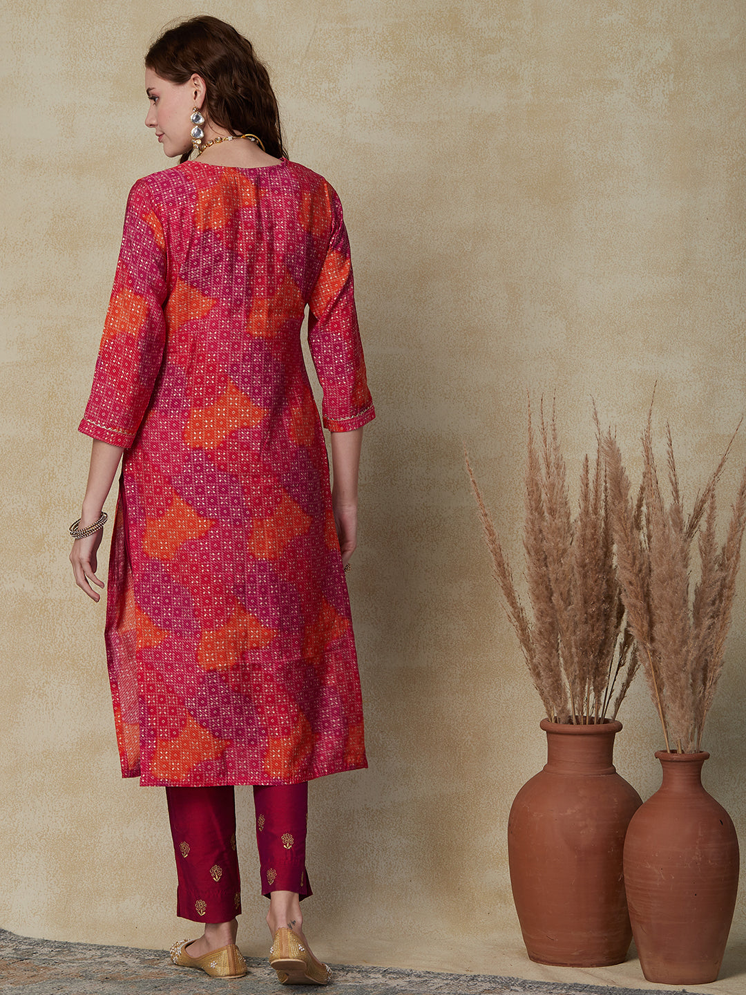 Ethnic Printed Zari Dori & Sequins Embroidered Kurta - Pink & Multi