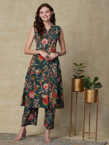 Floral Printed Wooden Buttoned Paneled Kurta with Palazzo Pants - Green
