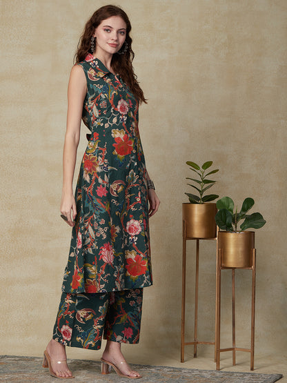 Floral Printed Wooden Buttoned Paneled Kurta with Palazzo Pants - Green
