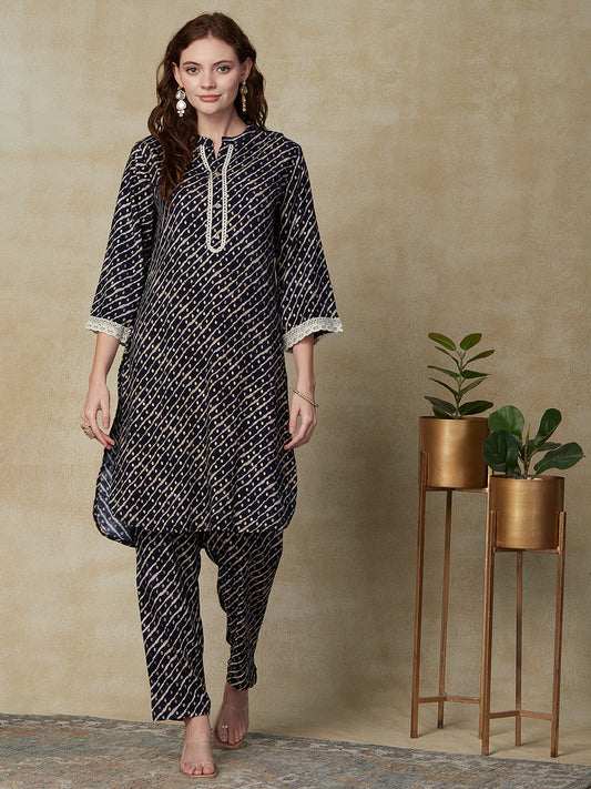 Lehriya Foil Printed Crochet lace Embellished Kurta with Pants - Blue