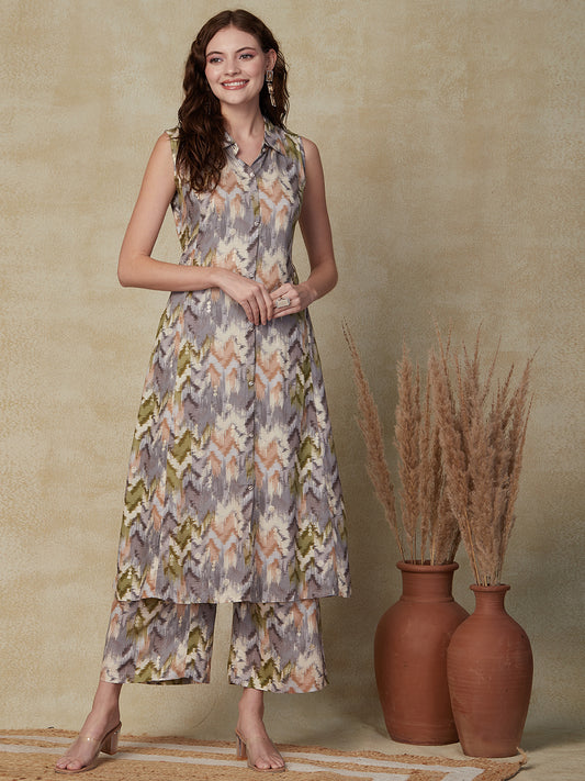 Abstract Printed Stone Studded Buttons Embellished Paneled Kurta with Palazzo - Grey