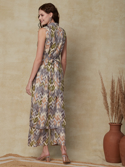 Abstract Printed Stone Studded Buttons Embellished Paneled Kurta with Palazzo - Grey