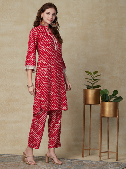 Lehriya Foil Printed Crochet lace Embellished Kurta with Pants - Fuchsia